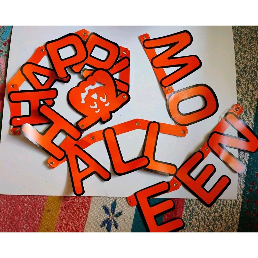 Vintage 1980s Happy Halloween Jointed Letter Banner Die Cut Streamer Pumpkin